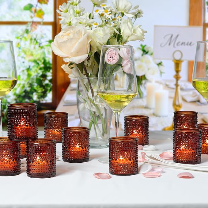 30 Pcs Amber Votive Candle Holders, Amber Glass Candle Holder with Polka Dot Embossed, Vintage Votive Candle Holders for Boho Weddings, Home Decor, Baby Shower, Special Occasions