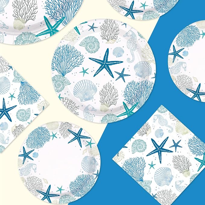 250Pcs Ocean Coastal Party Decorations Blue Seashell Starfish Coral Plates Napkins Cups Beach Ocean Sea Tableware Set for Summer Beach Holiday Birthday Dinner Party Supplies Serves 50