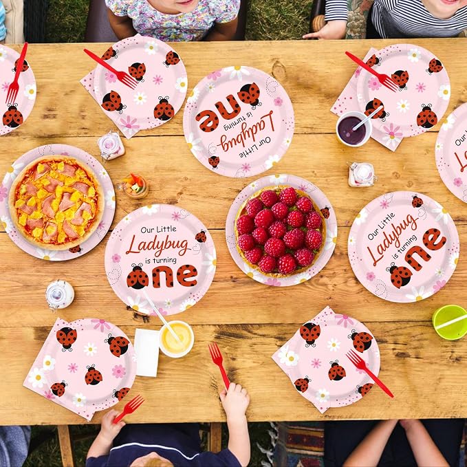 96 Pcs Ladybug 1st Birthday Decorations Pink Bug Plates and Napkins Disposable Tableware Set Cute Bug First Birthday Decoration for One Year Old Girls Ladybug Theme Birthdays Party Supplies Serves 24