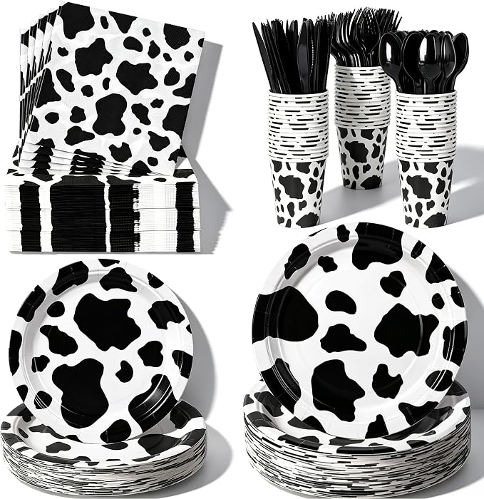 400 Pcs Disposable Black Cow Print Tableware Set for 50 Guests | Heavy-Duty 7" & 9" Paper Plates, Cups, 13" Napkins & Plastic Cutlery for Cow Birthday, Farm and Western Party Supplies