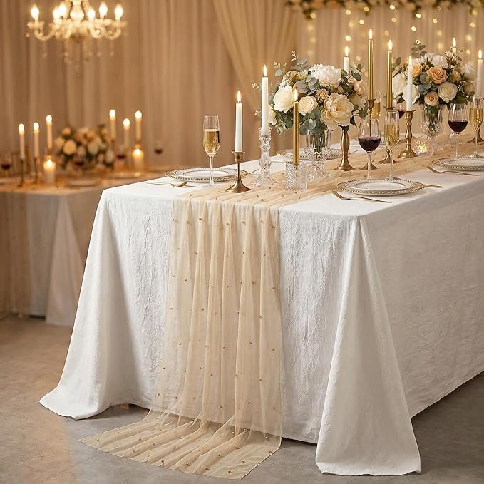 LuoluoHouse Pearl Table Runner Wedding Decor: 10ft Pearl Table Cloth 29x120 Inch Tulle Chiffon Fabric for Decortions Birthday Party Dining Table Cover (Tan,1pcs)
