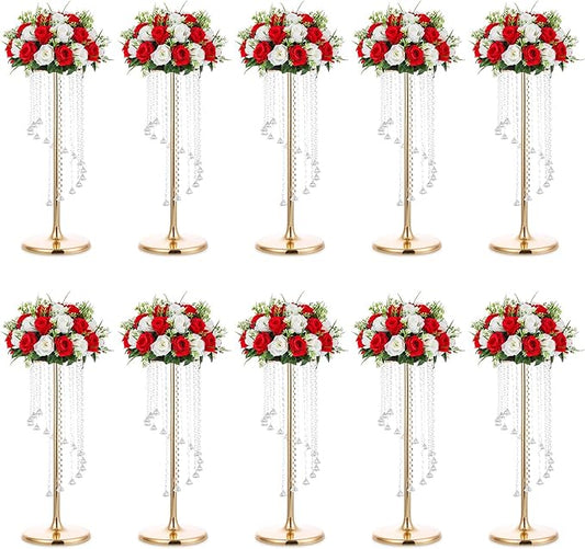 Nuptio Wedding Centerpieces Gold Vases: 10 Pcs 27.6in Tall Crystal Flower Vase Metal Flowers Stand for Party Tables Decorations - Elegant Bulk Weddings Decoration Table Chandelier Centerpiece Stands