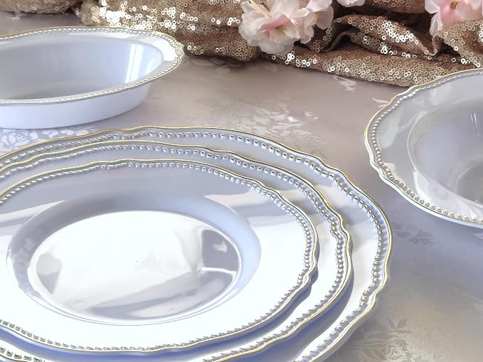 " OCCASIONS " 200pcs set (25 Guest)-Wedding Disposable Plastic Plates & cutlery - 10.25'', 7.5'' +paper napkins, Gold rim cups & Silverware (Rochelle Blue and Gold)