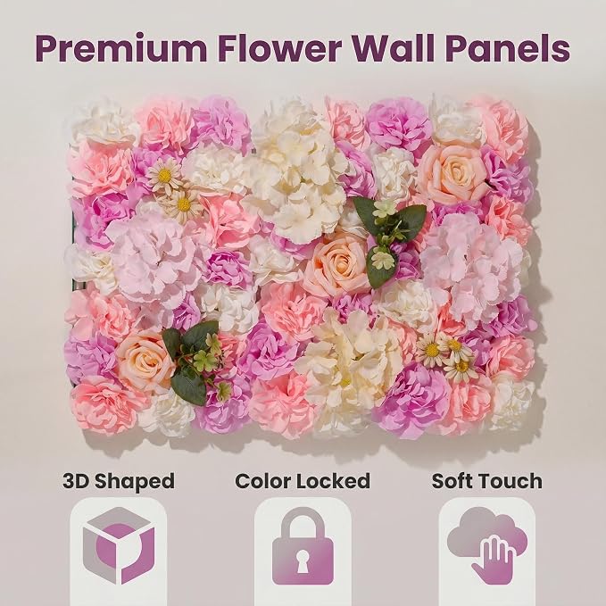3D Flower Wall Backdrop 6 Pack, 24x16 Inch Pink & Purple Artificial Rose Panels for Wedding, Party, Photo Studio, Home & Fence Decor