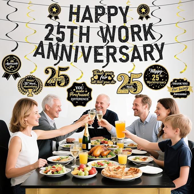 11pcs 25 Year Work Anniversary Decorations Black Gold Happy 25th Work Anniversary Banner Hanging Swirls Employee Appreciation Decorations Supplies 25 Year Workiversary Gifts for Employee Worker
