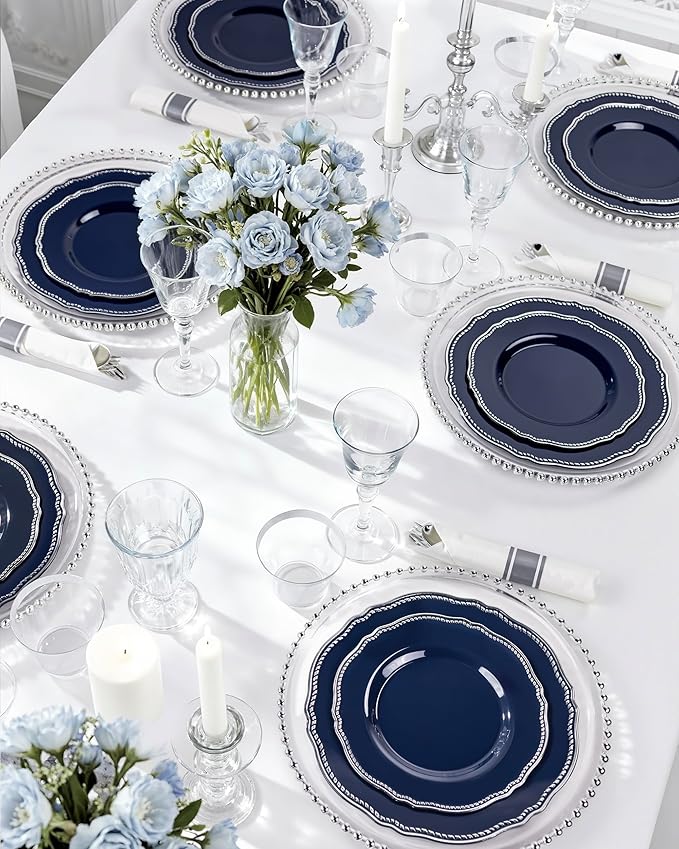 Hioasis 350pcs Blue Silver Plastic Plates - Silver Plastic Dinnerware Set Includes 50 Dinner Plates, 50 Dessert Dinnerware, 50 Cups, 50 Napkins Perfect for Wedding & Party