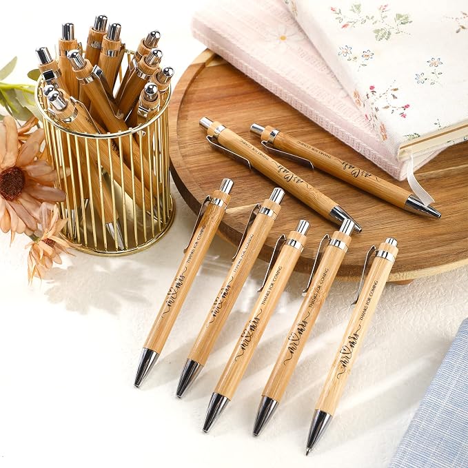 Fumete 100 Pieces Bamboo Wedding Pens Bulk Ballpoint Black Ink Bridal Shower Pens for Wedding Bridal Shower Guest Book Game Gifts Proposal Bachelor Party Favors