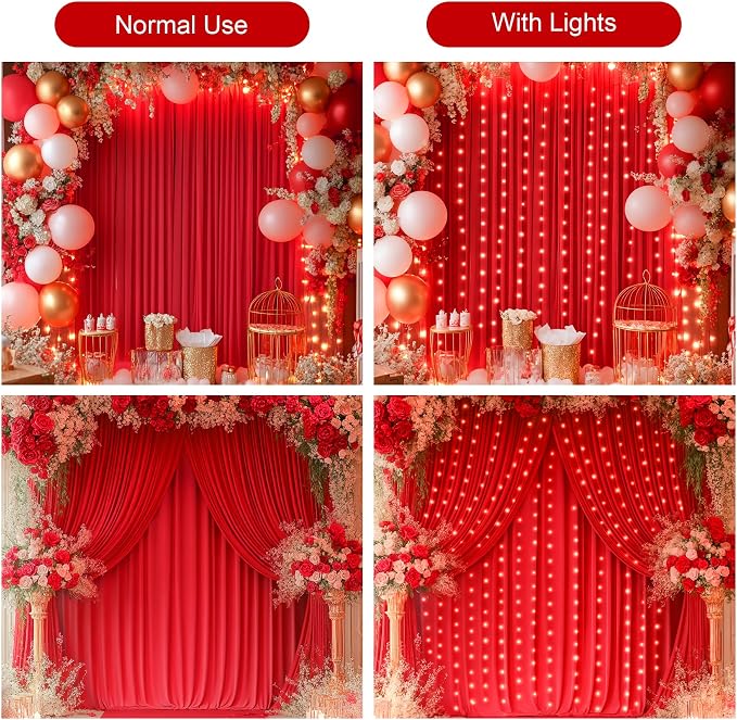 Red Backdrop Curtains with Lights for Parties,10x10FT Wrinkle Free Red Photo Backdrop Curtains for Wedding Baby Shower Birthday Ceremony Reception New Year Decorations-5ft x 10ft,2 Panels
