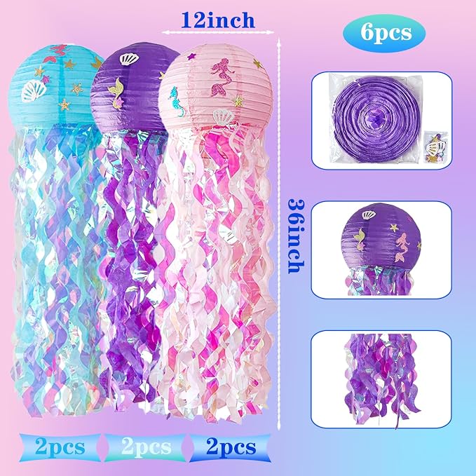 OBXT 12" Colorful Jellyfish Lanterns - Mermaid Birthday Party Decorations, Under the Sea & Ocean Theme Hanging Jellyfish Decor for Classroom, Nautical Events, and Underwater Adventure (Set of 6)