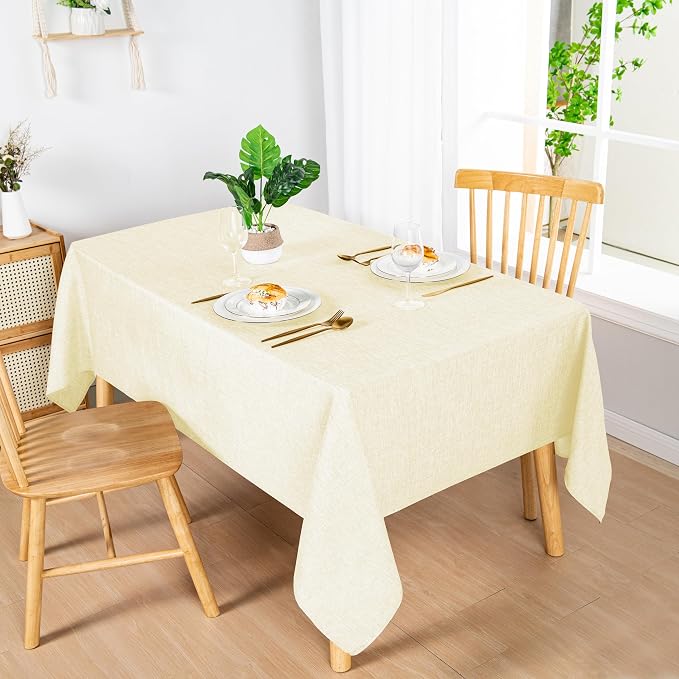 Hiasan 2 Pack Faux Linen Rectangle Tablecloth - Wrinkle and Stain Resistant Washable Table Cloth for Kitchen Dining Room Holiday Table Cover for Party Dinner, Champagne, 90 x 156 Inch