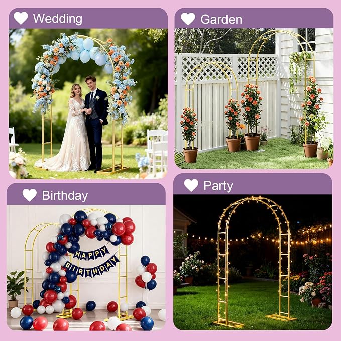Metal Garden Arch Trellis Arbor Set of 2, 7.2FT+6FT Wedding Arch Stand with Steel Frame, Metal Pergola Arbor with Base for Decor Valentines Day Garden Trellis Climbing Plant, Bridal Party Ceremony