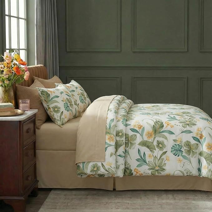 Bedding_Dreamer Green Floral Comforter Set Queen 100% Cotton Comforter Garden Style Bedding Flower Leaf Botanical Bed Chic Boho Home Decor