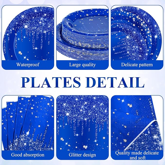 Funnymoom 452 Pcs Navy Blue Birthday Party Decoration Include Royal Blue Paper Plates Diamond Napkins Cups Tablecloth Cutlery Straws Tableware for Birthday Baby Shower Graduation Party Supplies