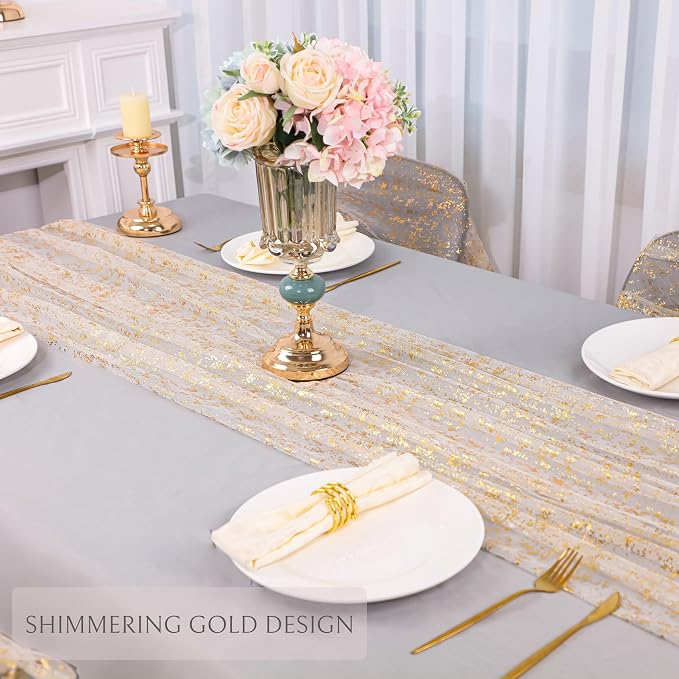 Snowkingdom 2Pcs Gold Gauze Table Runners 10Ft Sheer Chiffon Cheesecloth Wedding Runner, Golden Sequin Glitter Metallic Foil Party Table Decorations Centerpieces for Birthday Thanksgiving Christmas