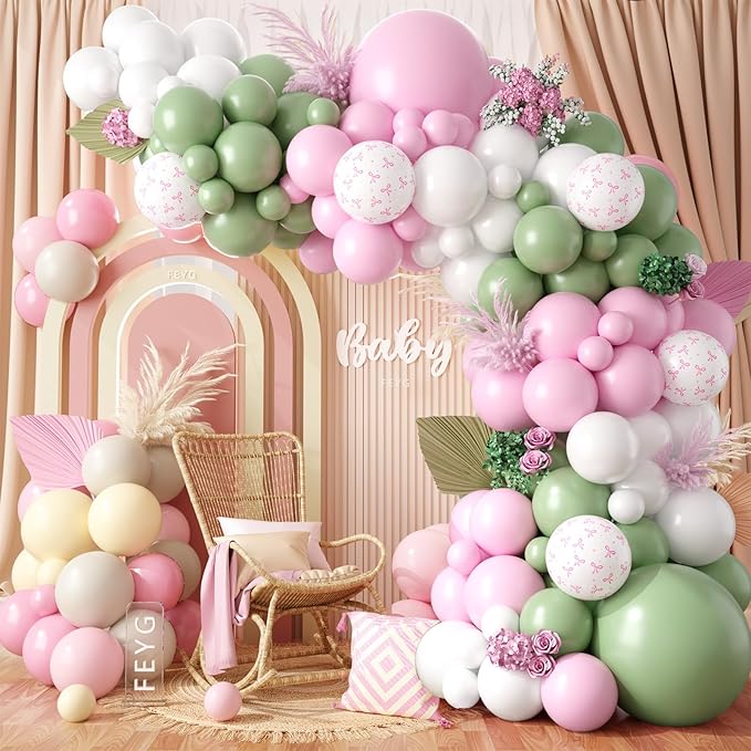 Sage Green Pink Balloons Garland, Green Pink Balloon Arch Kit with Bow White Latex Balloons for Baby Shower Birthday Bridal Wedding Party Decoration