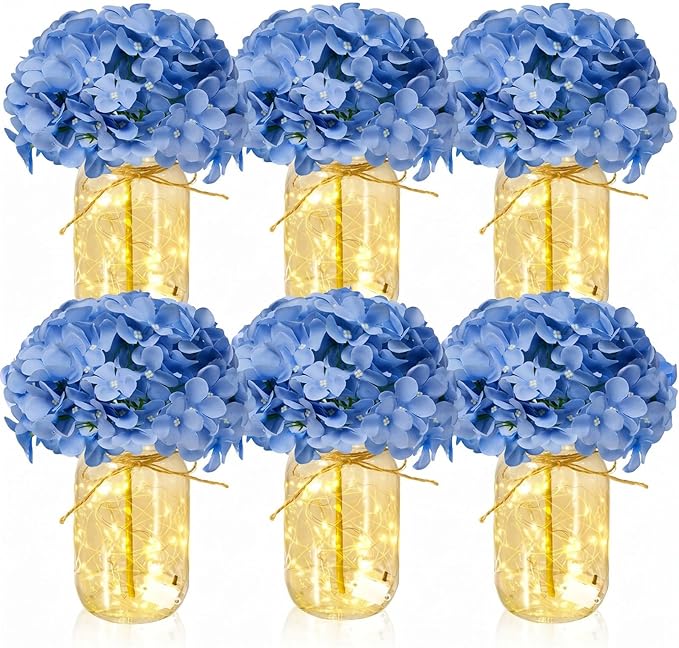 6 Sets Mason Jar with Lights Blue Hydrangea Decorative Blue Centerpieces for Tables Mason Jars Flowers Decorations LED Farmhouse Vase for Home Wedding Event Party Decor