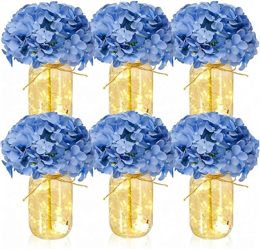 6 Sets Mason Jar with Lights Blue Hydrangea Decorative Blue Centerpieces for Tables Mason Jars Flowers Decorations LED Farmhouse Vase for Home Wedding Event Party Decor