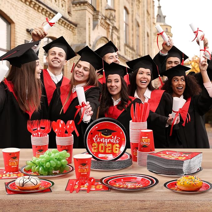 Funnymoom 400 Pcs Graduation Party Supplies Class of 2026 Graduation Paper Plate Napkin Cup Cutlery Congrats Grad Disposable Tableware Set for Grad Party Decorations, Serve 50(Red)