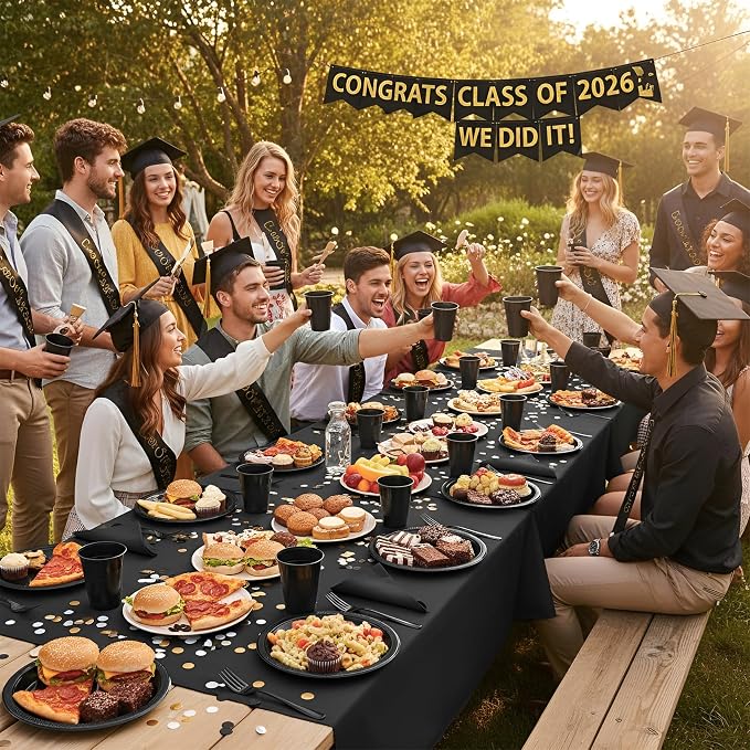 Black Plastic Plates for Party,50 Guest Disposable Plastic Plate Set 9" Plates,7" Dessert Plates,Napkins,Cups,Forks & Tablecloth for Birthday,Halloween,Christmas Parties,Graduations