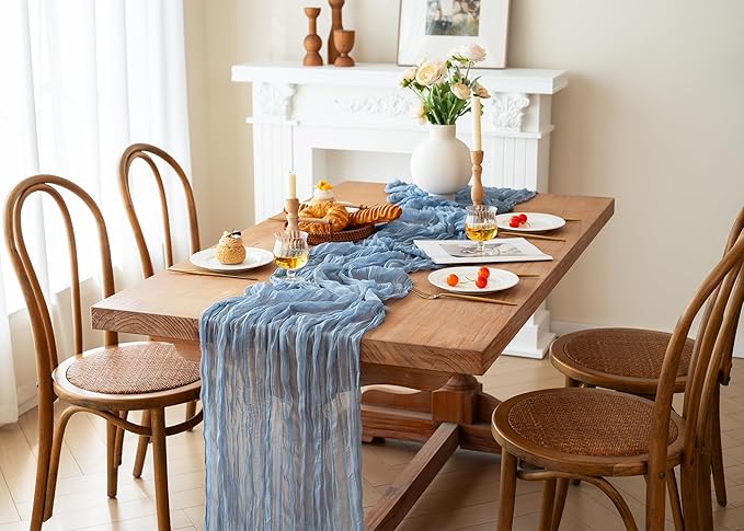 FEXIA 10 Pack Dusty Blue Gauz Table Runner 35x120 Inches Gauze Table Runner for Bridal Shower Wedding Party First Communion Centerpiece Engagement Boho Table Decoration (Dusty Blue)