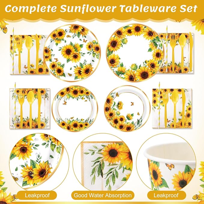 450 Pcs Sunflower Birthday Tableware Set Decorations Floral Paper Plates Napkins Cups Cutlery Straws for Yellow Birthday Wedding Bridal Shower Baby Shower Decorations, Serves 50