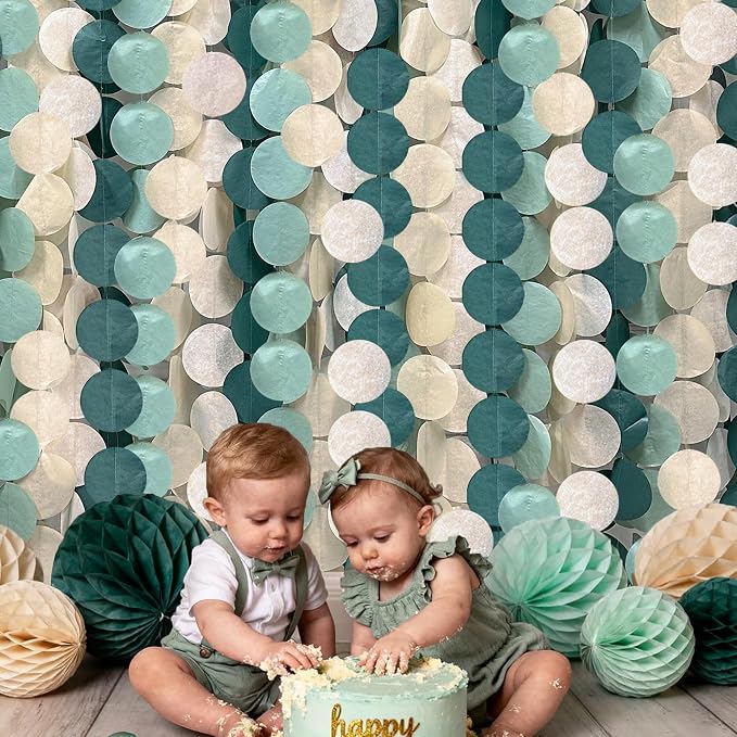 205Ft Sage Green Circle Dot Garland Backdrop Dusty Green Tissue Paper Polka Dots Hanging Streamer for Woodland Jungle Safari Neutral Birthday Baby Shower Wedding Engagement Party Decorations Supplies