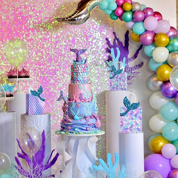 Leinuosen 32 Pcs Mermaid Party Favor Bags Mermaid Gift paper Bags with Handles Princess Theme Birthday Decoration Treat Candy wrap packs for Baby Shower Birthday Pool Party Supplies
