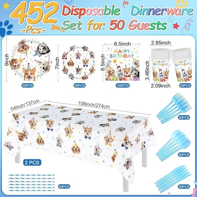 Potchen 452 Pcs Party Supplies Serve 50 Guests, Paper Plates Napkins Cups Cutlery Plastic Tablecloth Dinnerware for Birthday Wedding Party Decoration(Colorful, Dog Birthday)