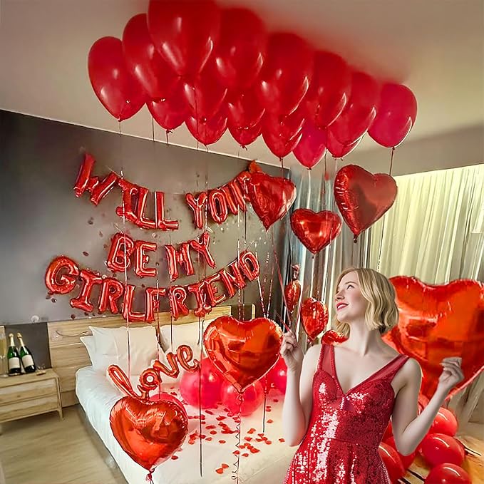 16 Inches Red 'WILL YOU BE MY GIRLFRIEND' Confession Letter Balloons with red balloons,Heart-Shape, lips, love Foil Balloons and Rose Petals for Romantic Special Night Decorations and Valentines Day