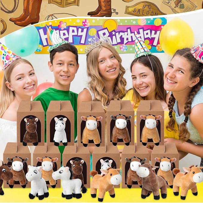 Blueweenly 84 Pcs Adopt a Pet Party Supplies 24 Mini Animals 10 White Plastic Fence 24 Paper Gift Boxes 24 Adoption Cards with Mini Chalkboard and Artificial Lawn(Pony)