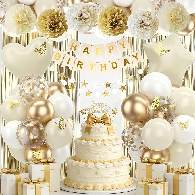 White Gold Birthday Decorations Beige Gold Balloons Happy Birthday Banner Cake Topper Fringe Curtain Paper Pom Poms Butterfly Sticker White Sand Star Heart Foil Neutral Boho Party Men Women