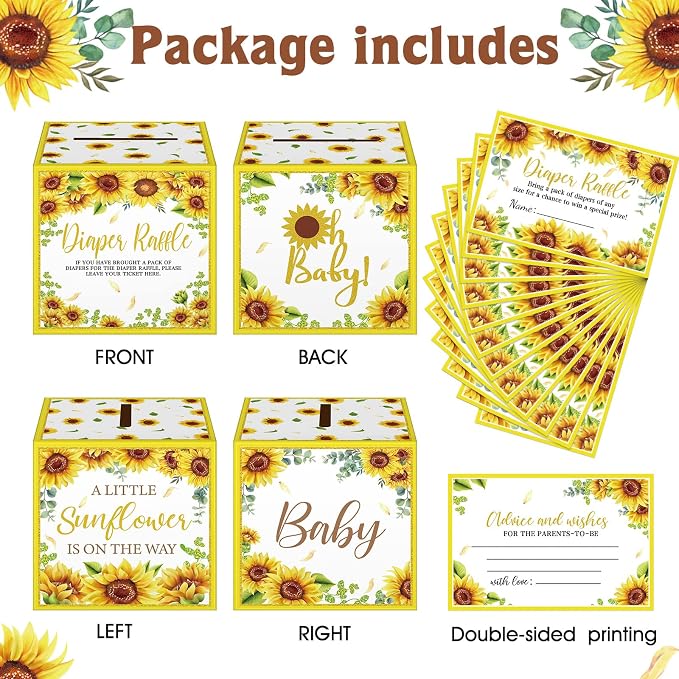 Teling 51 Pieces Diaper Raffle Tickets with Card Box Baby Shower Decorations Baby Shower Holder Box for Girl Boy Diaper Raffle Party(Sunflower)