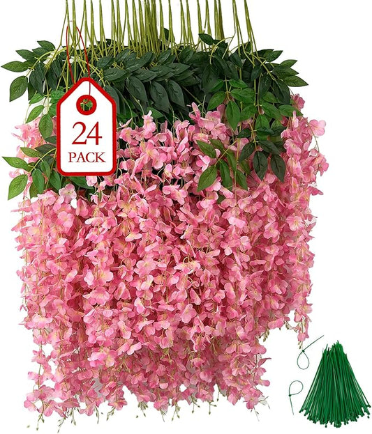BIRDDIE 24Pcs of Artificial Wisteria Hanging Flowers, 3.75 Feet Fake Wisteria Flower Strings for Backdrop, Wedding, Ceremony,Garden and Home Wall Decoration (Pink)