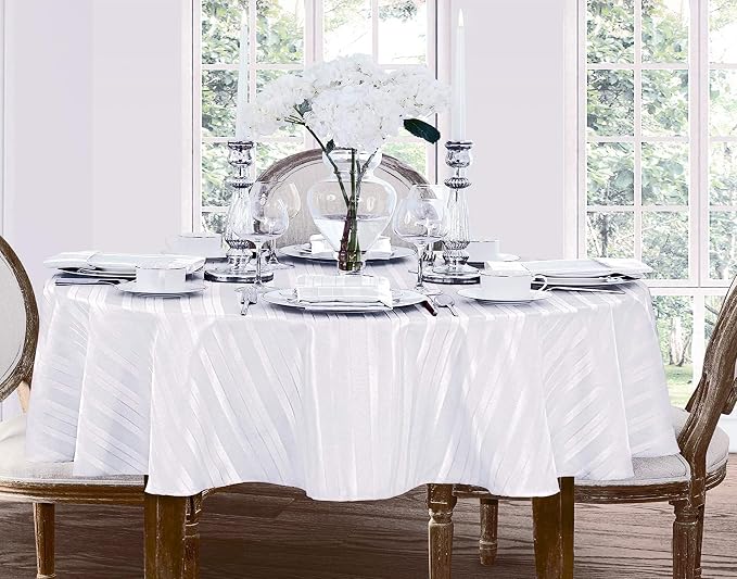 Newbridge 60 x 84 Inch Oval White Fabric Tablecloth, Denley Satin Stripe, Heavy Weight No Iron Polyester Holiday Dining & Party Table Cover
