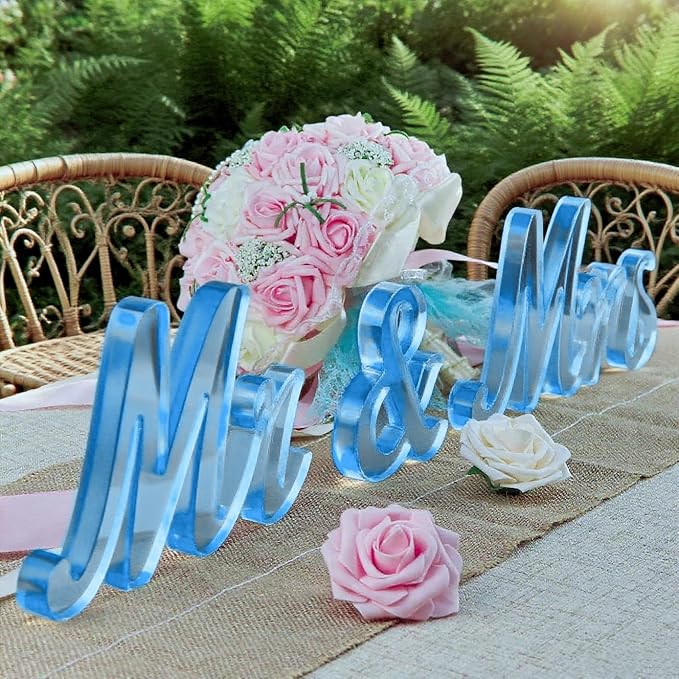 Mr & Mrs Sign for Wedding Table Decor,Large Acrylic Mr and Miss Sign,Photo Props, Freestanding Wedding Centerpiece Table Letters Wedding Decorations for Anniversary,Engagement,Party (Translucent Blue, 0.78'')