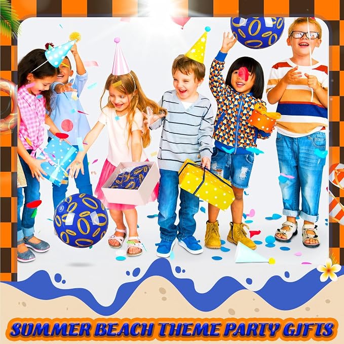 Leyndo 6 Pack Blue and Golden Rings Themed Beach Ball for Kids 7.87" Bulk for Summer Pool and Beach Game Gifts and Birthday Party Supplies and End of The Year Class Party Decoration Favors