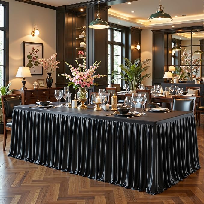 Wish Care 2 Pack Satin Table Cover Skirts for 8ft Rectangular Tables, Black Shimmer Silk Tablecloth with Floor Length Ruffle for Wedding Banquet Party Buffet Decoration