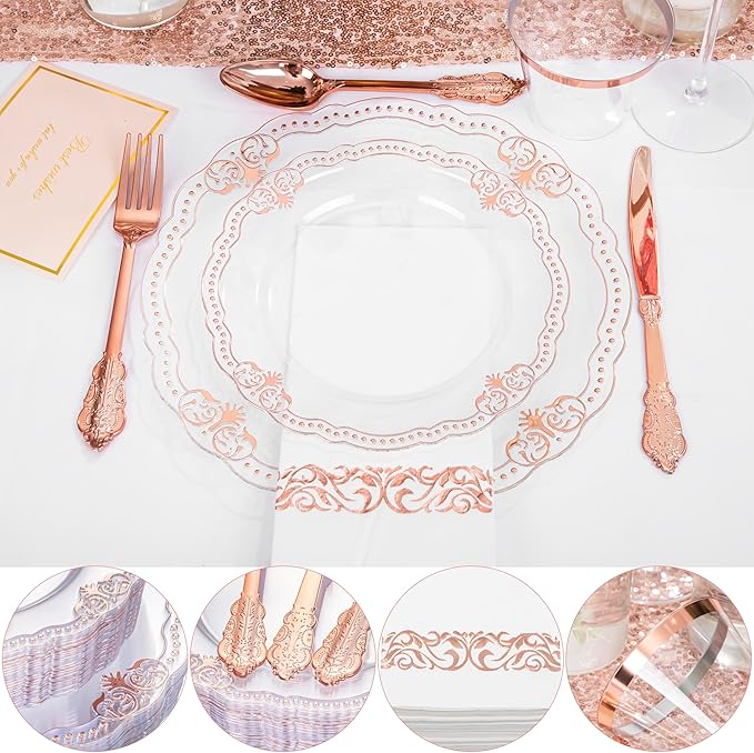 Ciaell 175 PCS Rose and Gold Plastic Plates - Fancy Rose Gold Disposable Dinnerware Set with of 50 Plates, 25 Knives, 25 Forks, 25 Spoons, 25 Cups, 25 Napkins for Wedding & Party & Mother's Day