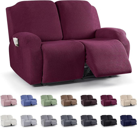 KinCam Recliner Covers, Stretch Reclining Chair Covers, Recliner Sofa Slipcovers Stripe Jacquard Recliner Couch Covers Furniture Protector Covers for Pet Kid (2 Seater, Burgundy)