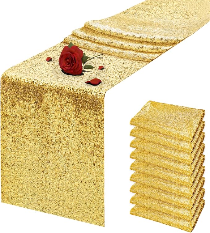 10 Packs 12 x 72 inches Gold Sequin Table Runner, Glitter Runner for Birthday Party Supplies Wedding Holiday Celebration Baby Shower Engagement Anniversary Decor