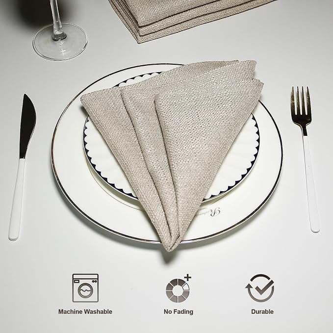 BALCONY & FALCON Cloth Napkins Set of 12 Washable Linen Napkins Absorbent Wrinkle-Free Fabric Napkin Bulk for Dinner Wedding Party Easter Thanksgiving Christmas Banquet (Beige 17.7"x17.7")