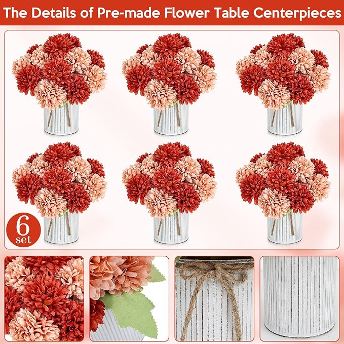 Pre-Made Flower Table Centerpieces, Set of 6 Artificial Silk Chrysanthemum with Metal Vases for Wedding, Birthday Parties, Home Decoration (Terracotta, Set of 6 Floral Arrangement)