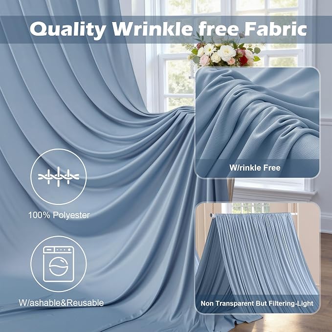 30ft x 10ft Wrinkle Free Dusty Blue Backdrop Curtain for Parties, 6 Panels 5x10ft Silky Polyester Backdrop Drapes Photo Back Drop Cloth for Wedding Birthday Baby Shower Photography Background