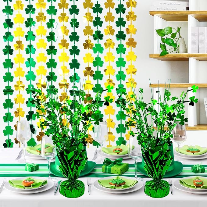 FUBININA 6 PCS St Patrick's Day Decoration Glitter Shamrock Metallic Foil Spray Centerpieces Lucky Clover Green Tabletop Decor for Irish St Patty's Day Birthday Wedding Home Party Supplies