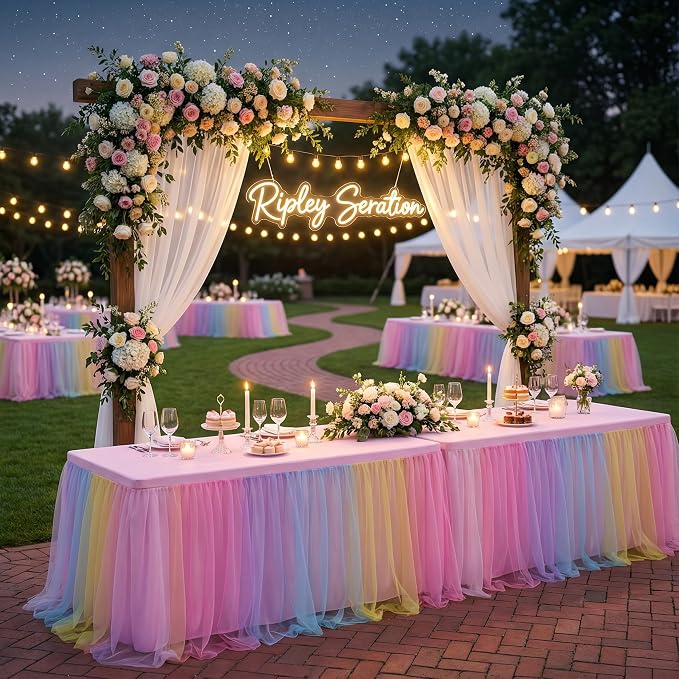 6 pk 6ft Rainbow Tulle Tablecloth for Rectangle Tables, 2-in-1 Pastel Color Table Covers with Tulle Skirt,Wrinkle Free Stretchy Ruffle Tulle Table Cloths Fitted for Wedding Party Banquet Vendor