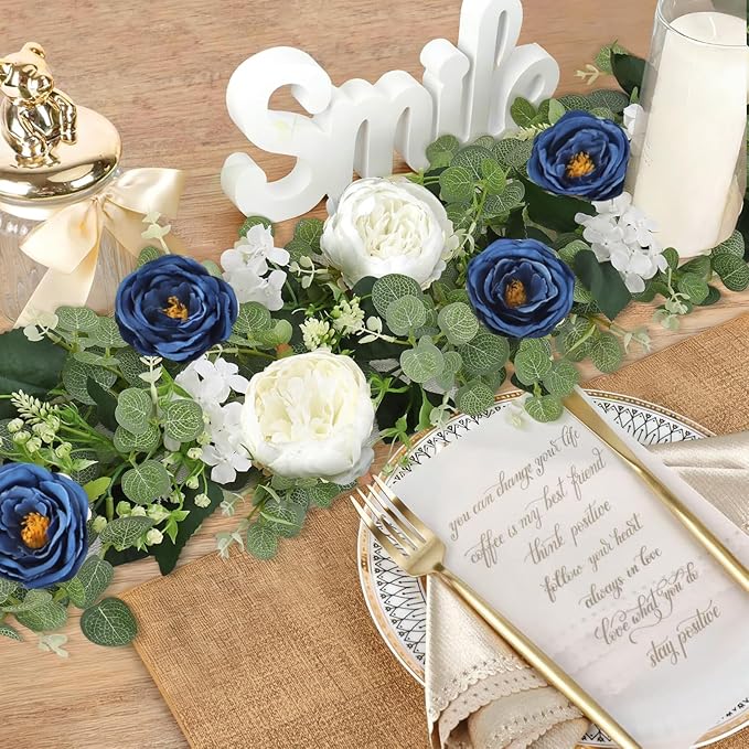 Betylifoy 2 Pack 12Ft Blue White Flower Garland Artificial Eucalyptus Flower Garlands Fake Peony Rose Floral Vines Silk Hydrangea Hanging Vine Greenery Garland for Wedding Party Table Backdrop Decor