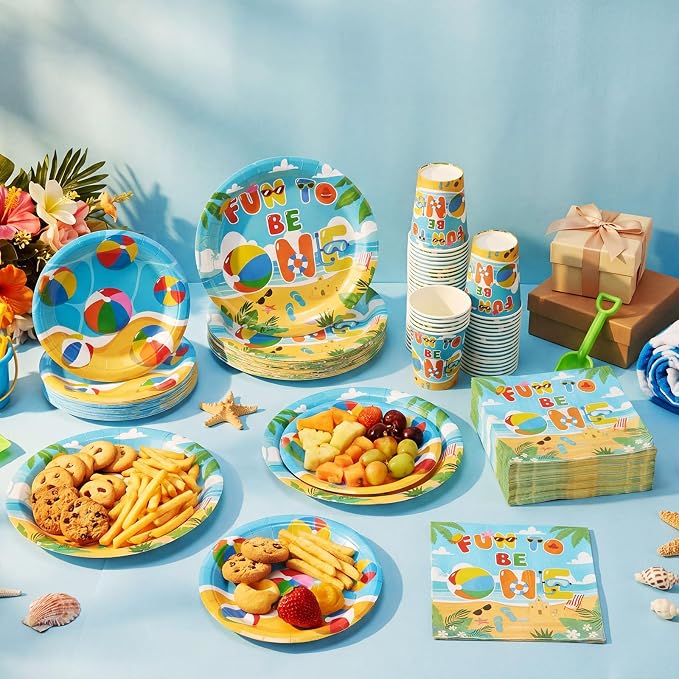 Pickmesh 250 Pcs Beach Ball Party Supplies Summer Beach Ball 1st Birthday Paper Plates Napkins and Cups Disposable Tableware Set Fun to Be One Party Decor for Hawaiian Pool First Birthday Serve 50
