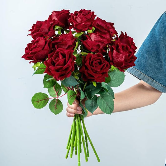 Ttranewsoo Fake Roses Faux Flowers Silk Roses Artificial Roses with Stems Realistic Artificial Flowers Suitable for Indoor Home Decoration DIY Bouquet Wedding Decor Party Decor 16.5In (12PCS, Red)