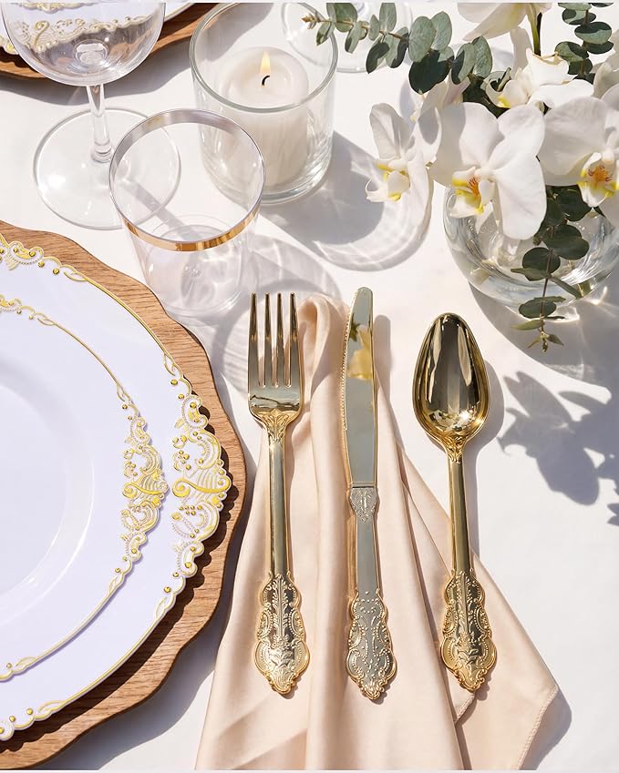 Nervure 175PCS White and Gold Plastic Plates - Disposable Dinnerware Set Include 50 Gold Plates for Dinner and Dessert, 75 Cutlery, 25Cups 25Napkins for Wedding & Party & Mothers Day