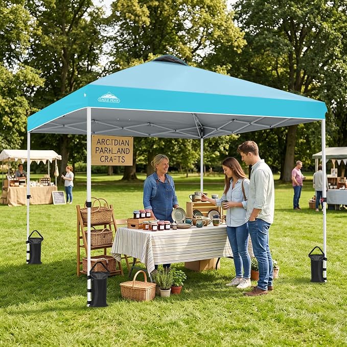 EAGLE PEAK Pop Up Canopy Tent with Wheeled Carry Bag, 8 Stakes, 4 Ropes, 4 Weight Bags, Easy Set Up Tent Canopy, 10x10 ft, 100sqft of Shade, Light Blue